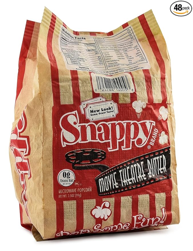 Snappy Movie Theater Butter Microwave Popcorn, 3.5 oz Large Bags, 48 Pack, Non-GMO, Whole Grain