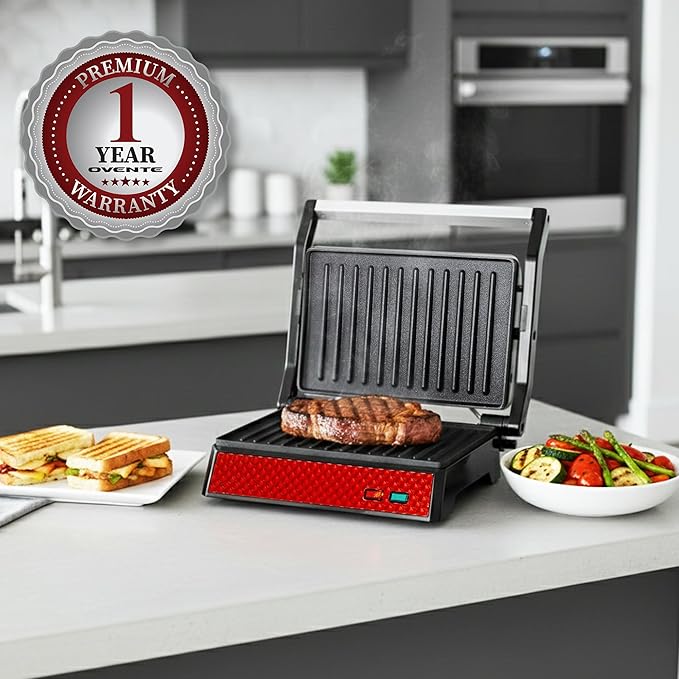 OVENTE Electric Indoor Panini Press Grill and Sandwich Maker with Non-Stick Coated Plates, Cool-Touch Handle and Removable Drip Tray, Opens 180 Degrees to Fit Any Type or Size of Food, Red GP0620R