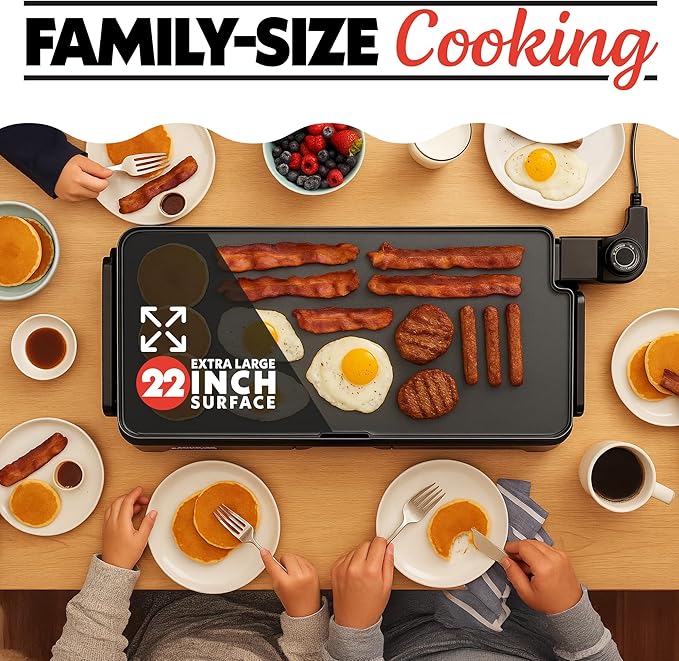 Gourmia 22 Inch XL Electric Griddle Pan - Nonstick Extra Large Flat Top Ceramic Surface, Countertop Cooker, Adjustable 200°F–400°F, Pull-Out Drip Tray, Compact Handle-Free Design