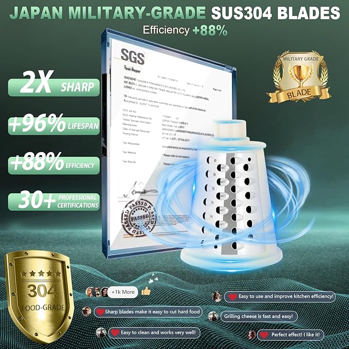 2025 Upgrade 6-In-1 Cheese Grater【 Military-Grade SUS304 Blade - 3S Fast Cut】【SGS Certification - German Nano Strong Suction Base】Cheese Grater Hand Crank Suitable for Home Use(White)