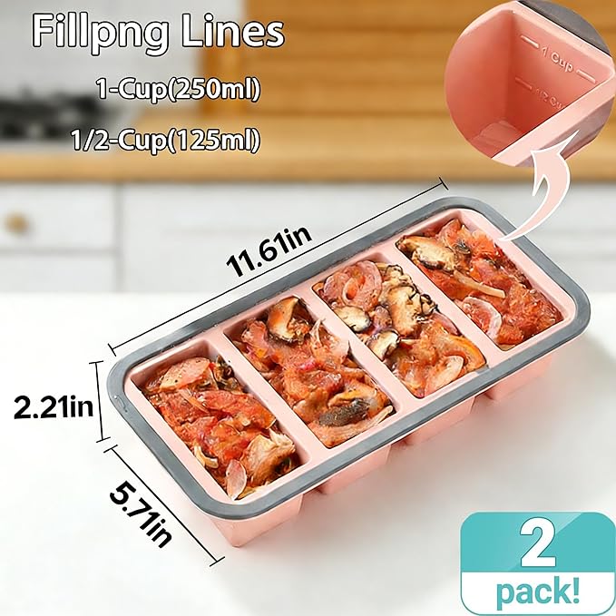 Silicone Soup Freezer Molds for Food, 1/2 Cup Silicone Freezer Trays with Lid for Meal Prep、Frozen Soup、Sauce and Broth, Large Ice Cube Tray - Set of 2