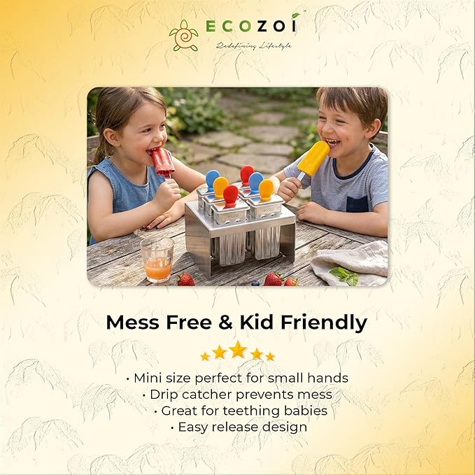 Ecozoi Stainless Steel Popsicle Molds, 6 Mini Popsicle Makers, 6 Reusable Stainless Steel Sticks, 12 Silicone Seals and 1 Rack, Eco Popsicle Molds for Kids and Adults, 2 oz Per Mold (Square)
