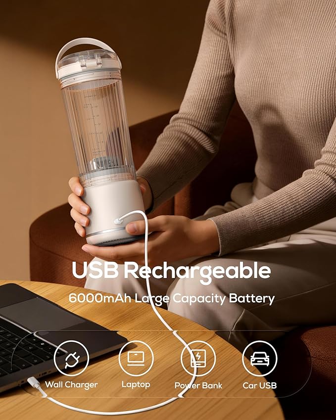 Sangcon Personal Portable Blender for Shakes & Smoothies, 6000mAh Cordless USB-C Rechargeable Blender with 2 Blend Modes, Leakproof Travel Lid, Dishwasher Safe, Ideal for Gym Office Kitchen, BPA-Free