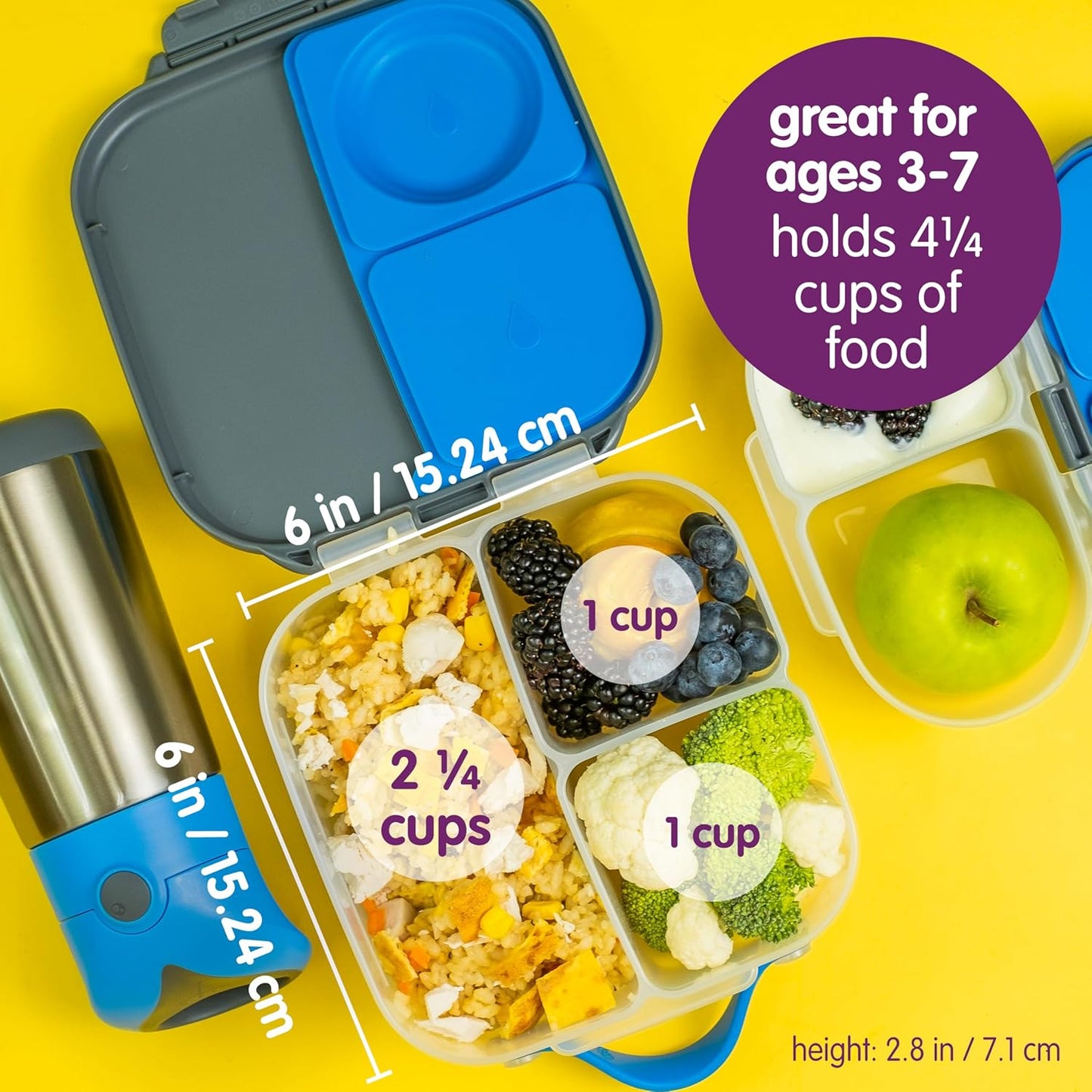 b.box Mini Lunch Box, Bento Box for Kids, Snack Container with 2 Leak Proof Compartments, Reusable Snack Containers with Lids, Kids Lunch Boxes Ages 3+, BPA Free, 4 1/4 Cup Capacity (Blush Crush)