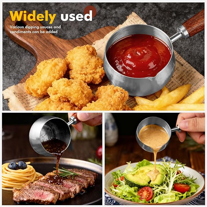 3 Pieces Stainless Steel Mini Sauce Pan with Wooden Handle & Spout, 1.7/3.4/5.1 Oz Silver Small Butter Warmer Saucepan, Reusable Sauce Pot Dipping Bowl (Silver)