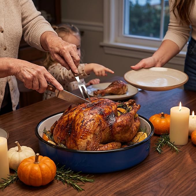 12 Inch Enamel Roasting Pan for Induction Cooktops - Heavy Duty Round Baking Pan for Thanksgiving Turkey Christmas Ham Lasagna & Pizza Dishwasher Safe Oven Broiler & Stovetop Pan