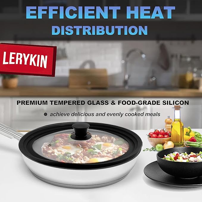 Lerykin Tempered Glass Lid - Universal Lid with Heat Resistant Silicone Rim for Pots, Pans and Skillets - Pan Cover Replacement Lid Fits 8", 8.5" and 9.5" Diameter Cookware