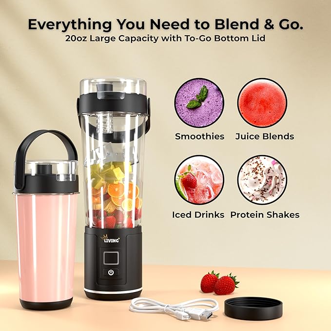 Portable Blender for Smoothies & Shakes - 20oz Mini Smoothie Maker - USB-C Rechargeable Juicer - Leakproof Lid with Filter & Carry Handle - Self-Cleaning Personal Blender - Dishwasher Safe - BFA Free