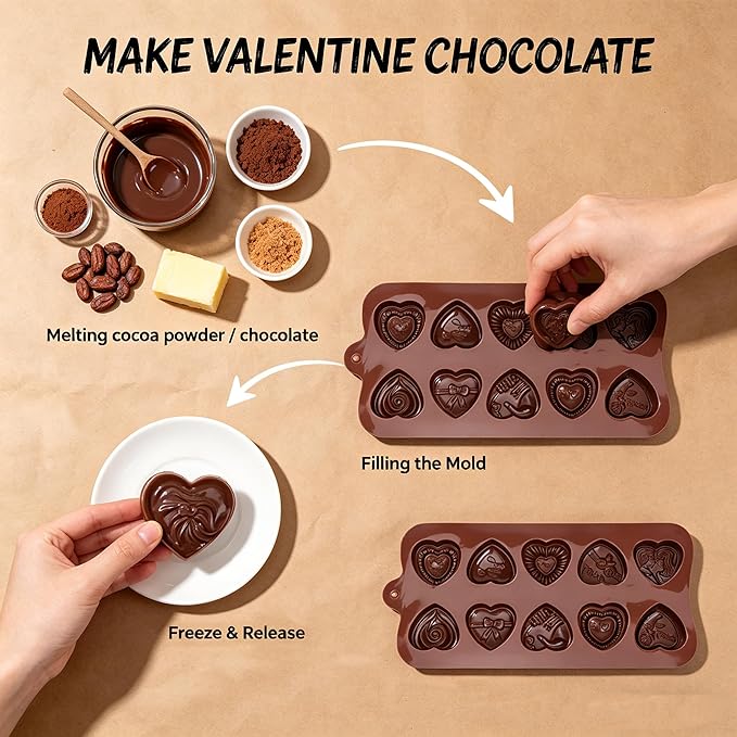 2 Pack 10-Design Love Rose Heart Silicone Molds Non-Stick Food Grade Easy Release for Chocolate Candy Gummy Ice Cubes Soap Perfect for Valentine's Day DIY Gifting