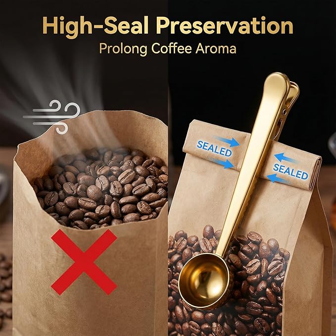 Li&Zhao Stainless Steel Coffee Scoop with Clip - Coffee Scoop for Ground Coffee, Precision Coffee Measuring Scoop, Tablespoon Stainless Steel Scoop for Coffee, Tea, Protein Powder (Gold)