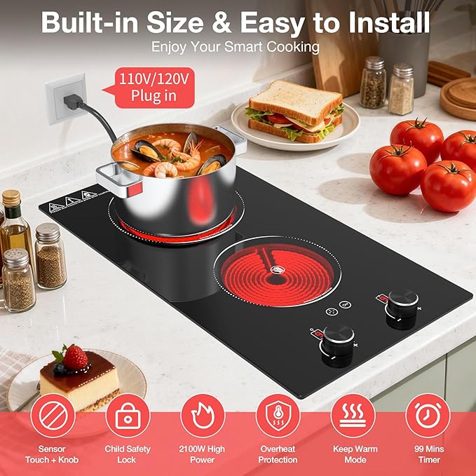 2100W Electric Cooktop 2 Burner: Electric Stove 110v-120v Hot Plate, Knob Control Countertop & Built-in Ceramic Cooktop 9 Power Levels, Child Lock, Timer, Suitable for all Pans