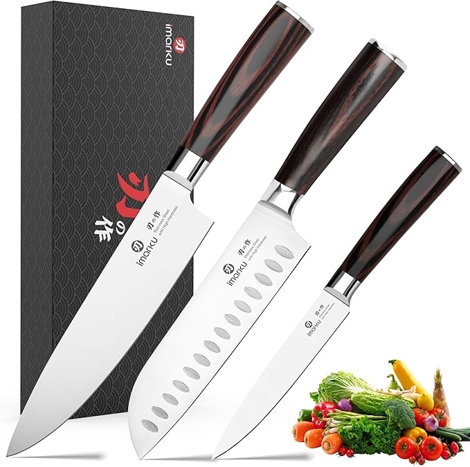 imarku 3 Pieces Knife Set, Japanese High Carbon Stainless Steel Chef Knife Set, Professional Chef Knives with Ergonomic Pakkawood Handle, Ultra Sharp Cooking Knives for Kitchen & Home Cooking