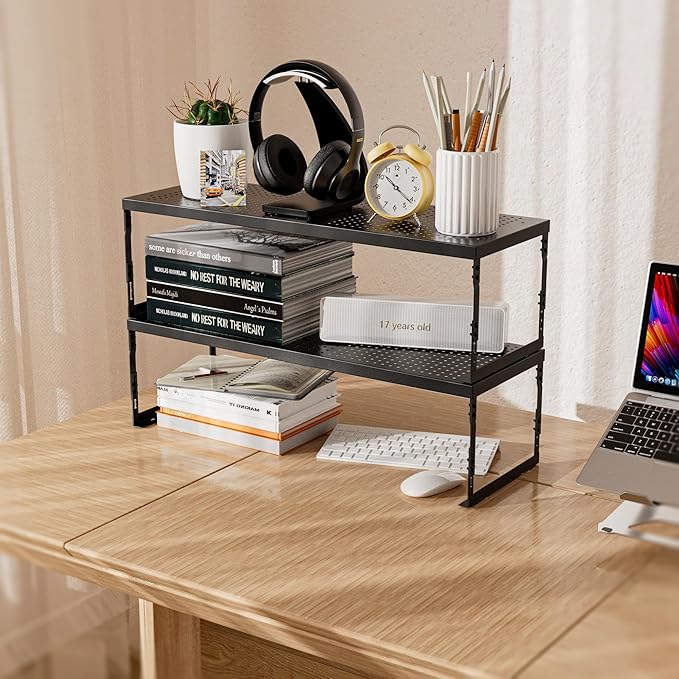 Stackable Expandable Metal Shelf Organizer - Adjustable Wire Storage Rack with Holes for Kitchen, Bathroom, Cabinet, Office - Space Saving, Durable & Sturdy Design（1PACK/Large/Black