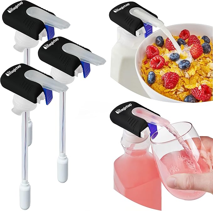 Magic Tap Automatic Drink Dispenser for Fridge, Black (3 Pack), No Spill Milk Dispenser for Fridge, Automatic Milk Dispenser Pump for Gallon Jugs, Water & Juice, Fits Most Bottles, Batteries Required