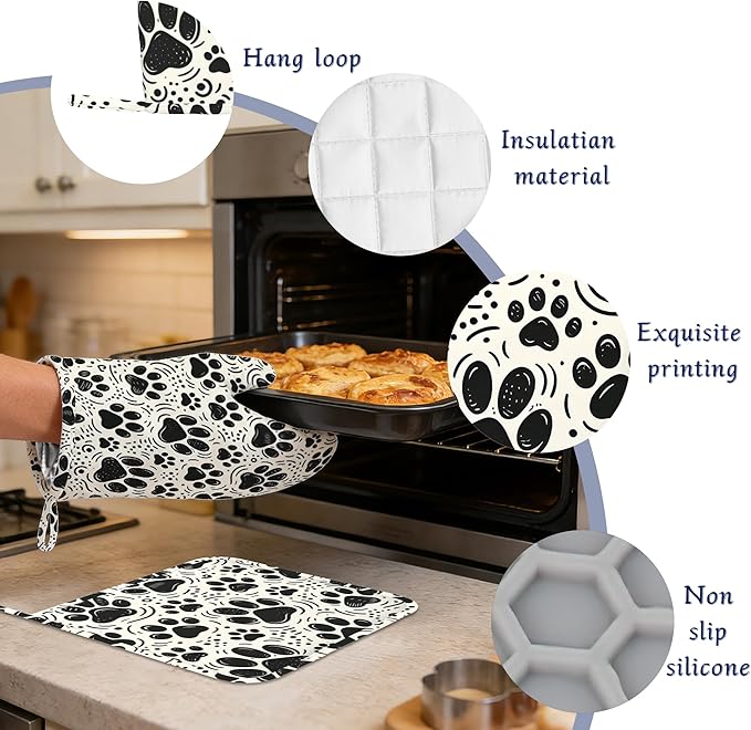 Dog Paw Potholders & Oven Mitts Sets Cat Footprint Paw Prints Silicone Heat Resistant Oven Mits and Hot Pads Non-Slip Pot Holders Gloves for Kitchen Chef Cooking Baking Grilling BBQ