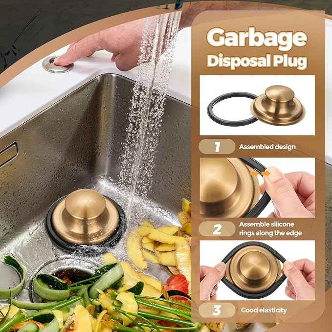 Mudder 3 Pcs Kitchen Sink Drain Strainer and Stopper Stainless Steel Garbage Disposal Plug with Handle Universal Anti-Clogging Kitchen Sink Filter Sieve Basket Strainer (Champagne Bronze)