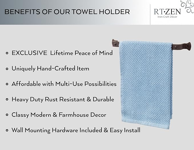 RTZEN Matte Black Hand Towel Holder for Bathroom - Handcrafted Farmhouse Wrought Iron Metal Kitchen Bar - Small Hand Towel Bar Hanger for Home or Office - Wall Mounted Rack Fits 10" Towels