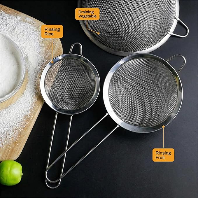 ELEEN Premium Stainless Steel Fine Mesh Strainers for Kitchen 3-Piece Set with Non-Slip Handle, Small, Medium & Large Sieves, Colanders and Sifter for Sifting, Straining, Pastas Tea, Rice Vegetables