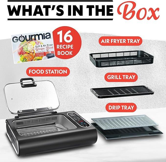 Gourmia Smokeless Indoor Grill & Air Fryer raclette grill with Smoke Extracting Technology for indoor grill Extra-Large Nonstick Cooking electric grill indoor Korean BBQ Style 6 Quart FoodStation™