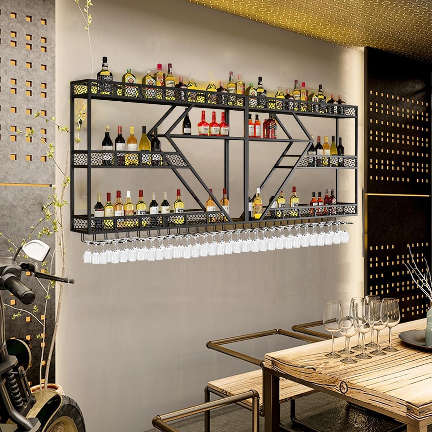Metal Wine Rack Wall Mounted, Modern Wine Storage Rack Wall Mounted with Wine Glass Holder, Liquor Shelf, Bar Shelves for Liquor Bottles (3TIERS Gold, 78.7 * 7.87 * 33.85INCH)