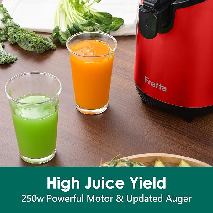 Cold Press Juicer Machines,Fretta Juicer Machines with PCTG Material from the USA,5.3" Extra Large Feed Chute Fit Whole Fruits & Vegetables,Truly BPA-Free,Easy to Clean,250W (Red, 1.8L)