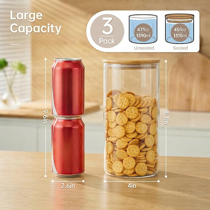 45oz - 3 Pack Glass Jars with Bamboo Lids, Glass Pantry Storage Containers with Airtight Lids, Round Air Tigh Food Storage Canisters for Cereal, Pasta, Flour, Sugar, Rice, Best for Kitchen Organizer