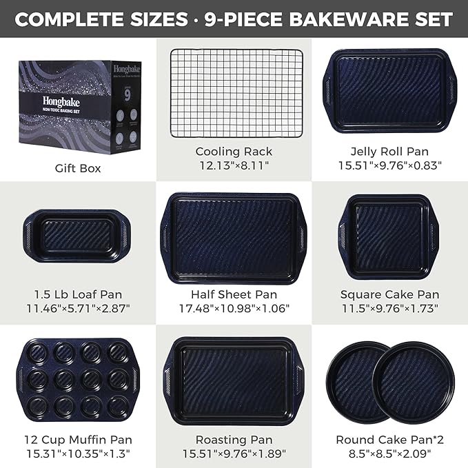 HONGBAKE 9-Piece Non Stick Baking Pans Set with Wave Texture for Reduced Oil, 0.8mm Thick Non Toxic Bakeware Sets, Includes Stackable Cookie Sheets for Oven Cooking, Cake Pan, Muffin Pan, Blue