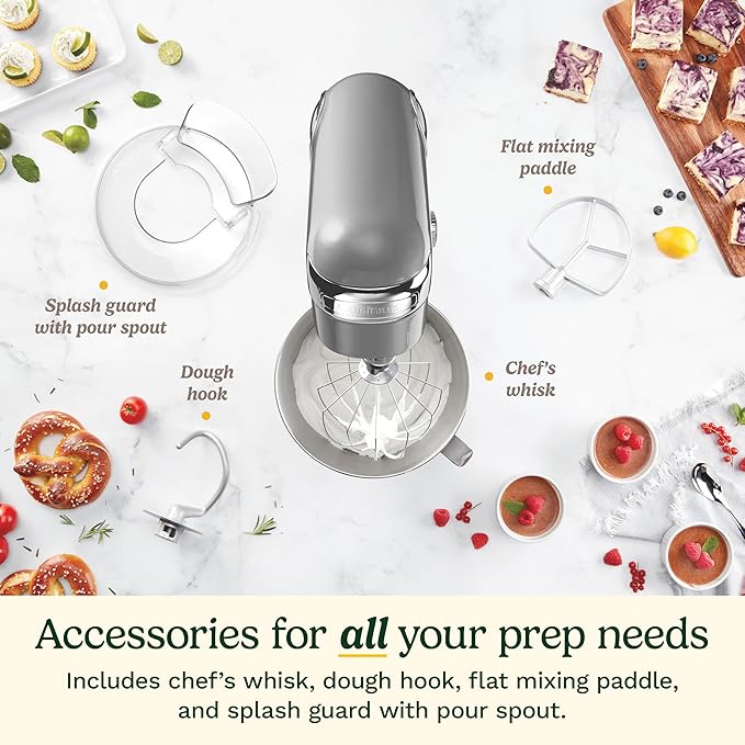 Cuisinart Stand Mixer, 12 Speeds, 5.5-Quart Mixing Bowl, Chef's Whisk, Flat Mixing Paddle, Dough Hook, and Splash Guard with Pour Spout, Silver Lining, SM-50BCNAS, Silver Lining