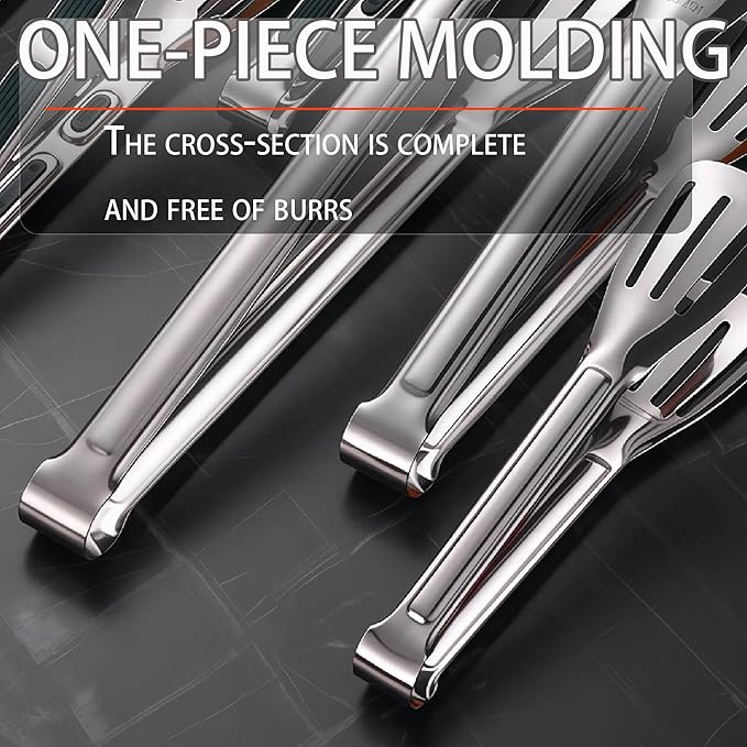 Stainless Steel Kitchen Tong Set - Anti-Slip Heat-Resistant Grip, Widened 3-Line Slotted Heads for Easy Clamping (Steaks, BBQ, Pasta, Salads), Easy Clean for Versatile Use Set of 3-6", Silver