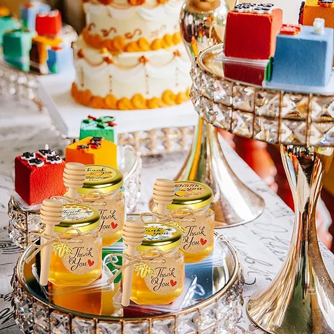 GIVAMEIHF Mini Glass Honey jars-1.5 oz,60pcs Hexagon Honey Jars with Wood Dipper,Stickers,Bee Pendants,Tags,Rope,Small Honey Jars with Lids,Perfect for Wedding Favors,Jams,Baby Shower,Party Favors