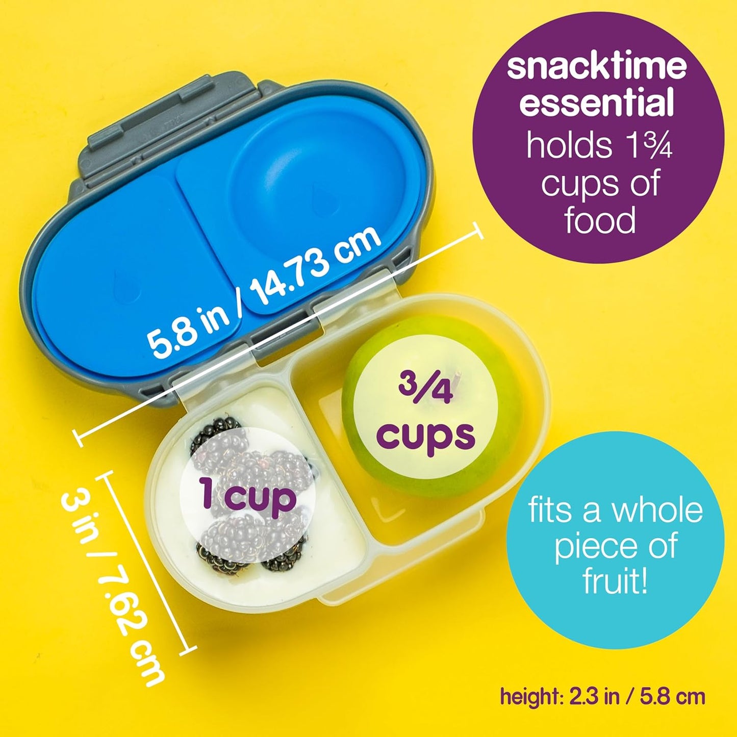 b.box Snack Box Reusable Snack Containers with Lids 2 compartments, Bento Box for kids and toddlers, Leakproof Lunch Box, BPA free and Dishwasher Safe Snack Container (Blue Slate, 1 3/4 Cup)