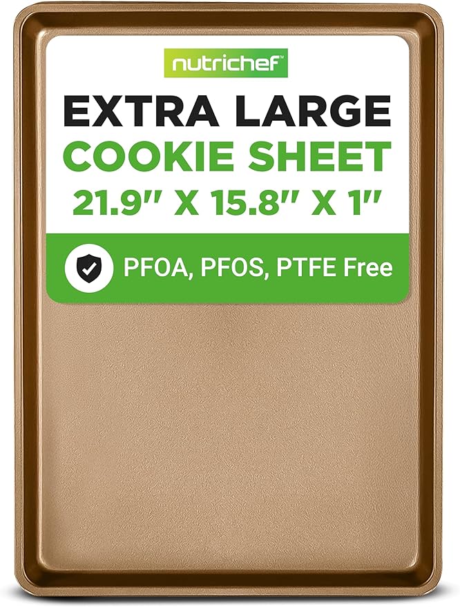 NutriChef Nonstick XL Cookie Sheet Baking Pan, Extra Large 22 Inch x 16 Inch, Carbon Steel Oven Baking Sheet for Cookies & Pastries, Gold - NCLG1GD