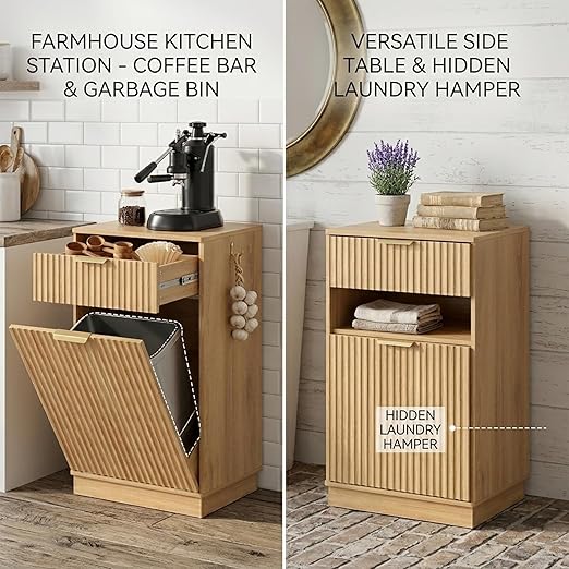 13 Gallon Tilt Out Trash Can Cabinet with Storage, Wooden Farmhouse Trash Can Kitchen Hideaway, Sturdy Freestanding Single Trash Cabinet, Pet-Proof Hidden Garbage Can Cabinet for Kitchen, (Oak)