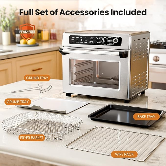 Kismile 25QT Air Fryer Toaster Oven Combo, 12-in-1 Countertop Convection Airfryer Oven, Adjustable 70–450℉ Temperature, Bake, Reheat & Broil, Fits 12″ Pizza, Complete Accessories Included, Silver