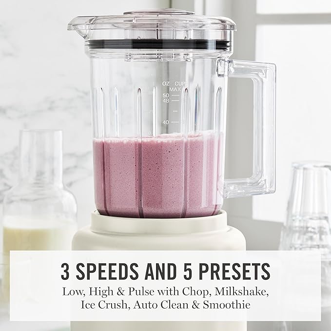 Martha Stewart 50oz Countertop Blender, Smoothie, Margarita & Ice Crushing Blender, BPA-Free Pitcher, 3 Speeds, 5 Presets, Auto-Clean Function, Dishwasher Safe, Stainless Steel Blades, Linen Cream