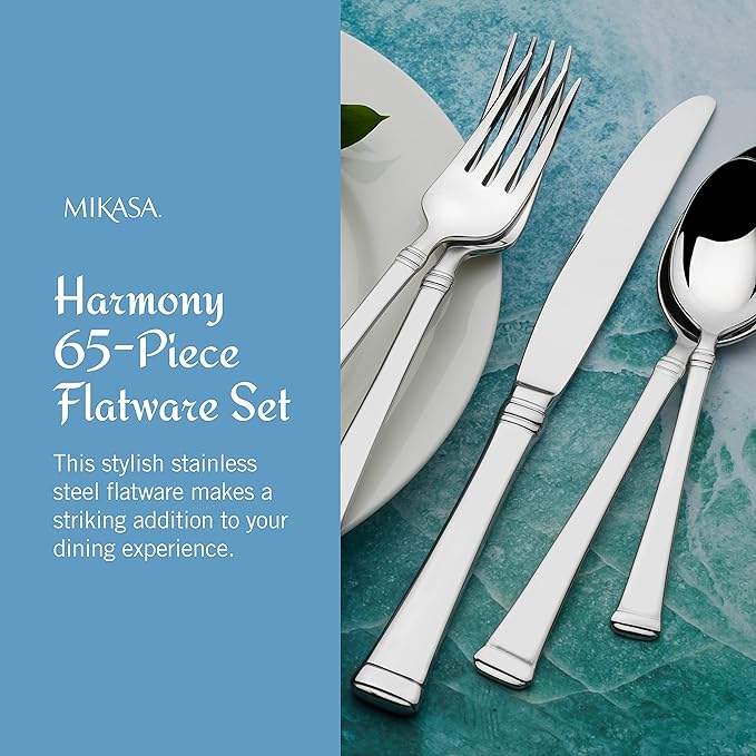 Mikasa Harmony 65-Piece 18/10 Stainless Steel Flatware Set, Service for 12, Polished Silverware with Serving Utensils, Dishwasher Safe