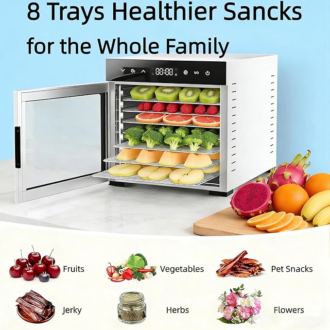 Simple Deluxe Food Dehydrator Machine, Fruit Dryer Machine with 8 Stainless Steel Trays, 24H Digital Timer 185°F Temperature Control, 500W Food Dryer for Jerky Meat Herb Fruit and Dog Treat, Silver