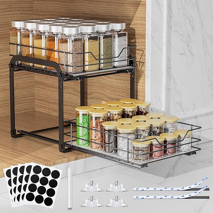 Spice Rack Organizer for Cabinet, 2 Tier Vertical Pull Out Spice Rack – Heavy Duty Metal Spice Organization for Cabinet, 40-Jar Capacity, Height Adjustable Cabinet Organizer (9"W×10.5"D×9"H, Black)