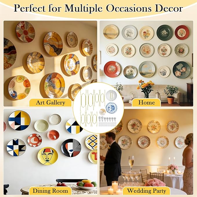 7 Pack Plate Hangers for Wall Display, 6/8/10/12 Inch Invisible Stainless Steel Plate Holders with Wall Hooks, Fit 5.5–12.5 Inch Decorative Plates, Plate Display Hangers for Home Wall Decor, Gold