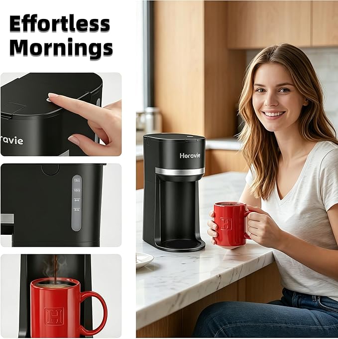 Horavie Mini Single Serve Coffee Maker for K Cup and Ground Coffee, Fast Brew One Cup Coffee Machine with Descaling Reminder and Water Window, 6 to 12 oz. Brew Sizes, Black