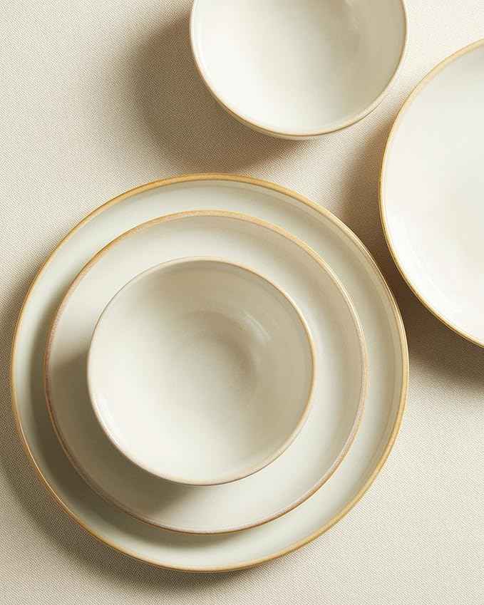 16 Piece Double Bowl Dinnerware Sets with Pasta Bowls, Highly Chip and Crack Resistant Plates and Bowls Sets, Natural Earthyware Ceramic Dishware Sets, Service for 4 Yellow White