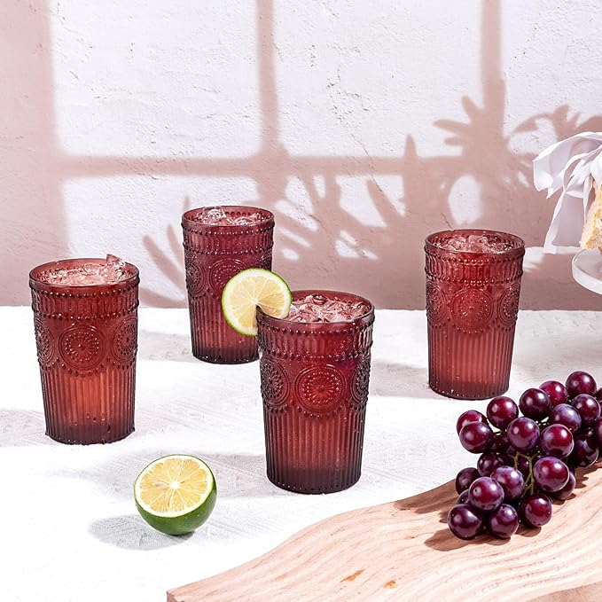 Ciaell 12 Pack Romantic Plastic Water Glasses - 14 Oz Burgundy Vintage Drinking Glasses, Embossed Ribbed Plastic Cups, Textured Striped Set for Juice, Beverages, Beer, Cocktail
