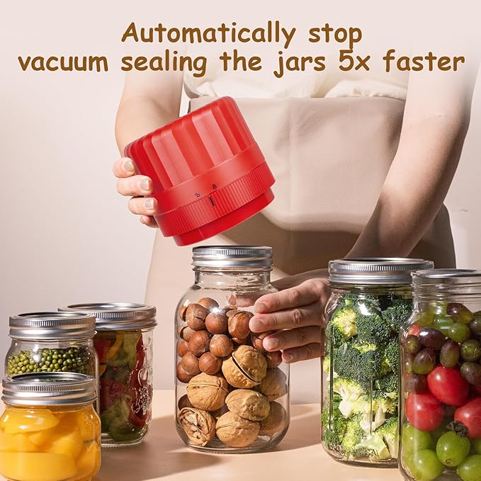 HTPOW Electric Mason Jar Vacuum Sealer - Fully Automatic Mason Jar Vacuum Sealer Kit for All Mason Jars with Regular Lids and Wide Mouth Lids, A Must-Have Tool for Canned Foods/Pantry - Red