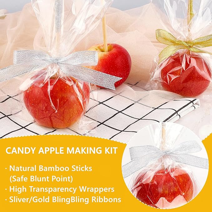 Ocmoiy DIY Candy Apple Kits - 100 Pcs Sticks and Bags With 50 Yard Gold and Silver Glitter Ribbons for Large Caramel Apple Lollipop Making Packaging Supplies