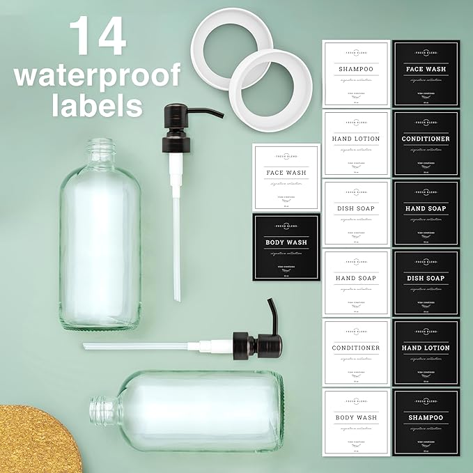Vine Creations Clear Glass Soap Dispenser, 2 Pack Kitchen Soap Dispenser Set with Stainless Steel Pump, 16 oz Dish Soap and Hand Soap Dispensers for Bathroom with Waterproof Labels