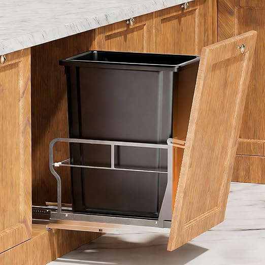 YJHome Pull Out Trash Can Under Cabinet with Tiltable 10° & 40Qt Garbage Can, Cabinet Trash Can Pull Out Kit, Easy to Take Out Bin for Minimum Cabinets Opening 12" W
