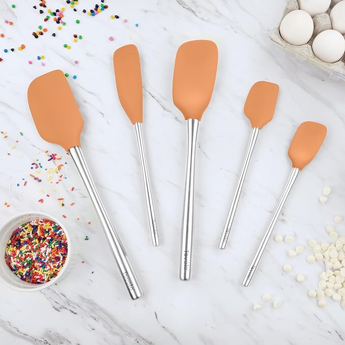 Tovolo Stainless Steel Handled Silicone Spatula Set of 5, Dishwasher Safe Kitchen Spatula Set for Cooking Baking, BPA Free Silicone Spatula set with Metal Steel Handle, Apricot Orange