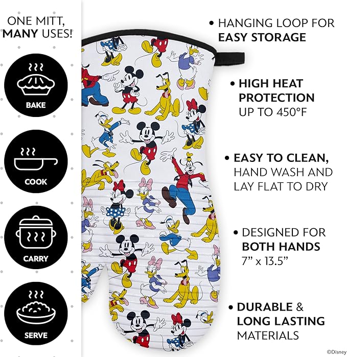 Disney Silicone Oven Mitts Heat Resistant – Set of 2 Long Cuff Cotton Kitchen Mitts with Silicone Grip Stripes, Cute Oven Mitts & Pot Holders for Cooking, Baking & Kitchen Essentials –Mickey & Friends