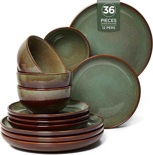 Stoneware Dinnerware Sets Service for 12, 36 pcs Reactive Glaze Plates and Bowls Sets, Handmade Ceramic Dish Set, Highly Chip and Crack Resistant Modern Plate Set, Brown Green