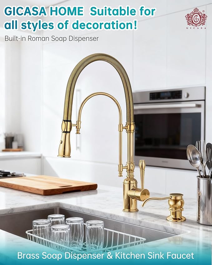 Brass Kitchen Soap Dispenser,Gold in Sink Liquid Dish Soap Dispenser, Under Sink Hand Metal Dispenser Pump, 47.2" Silicone Long Tube for 0.79 "- 1.38" Bottle Mouths